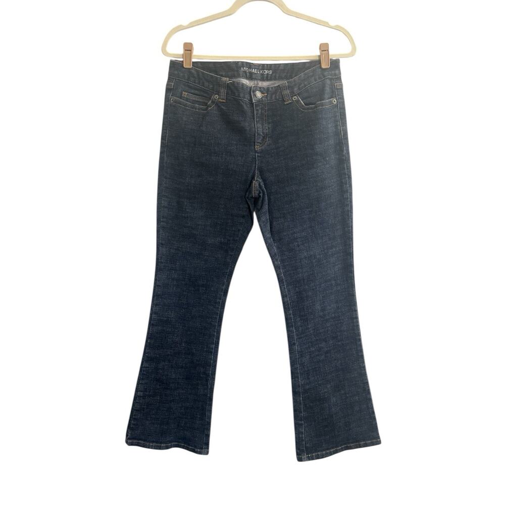 MICHAEL KORS Womens 8P Petite Blue Bootcut STUDDED MK LOGO Flap Pocket #5406